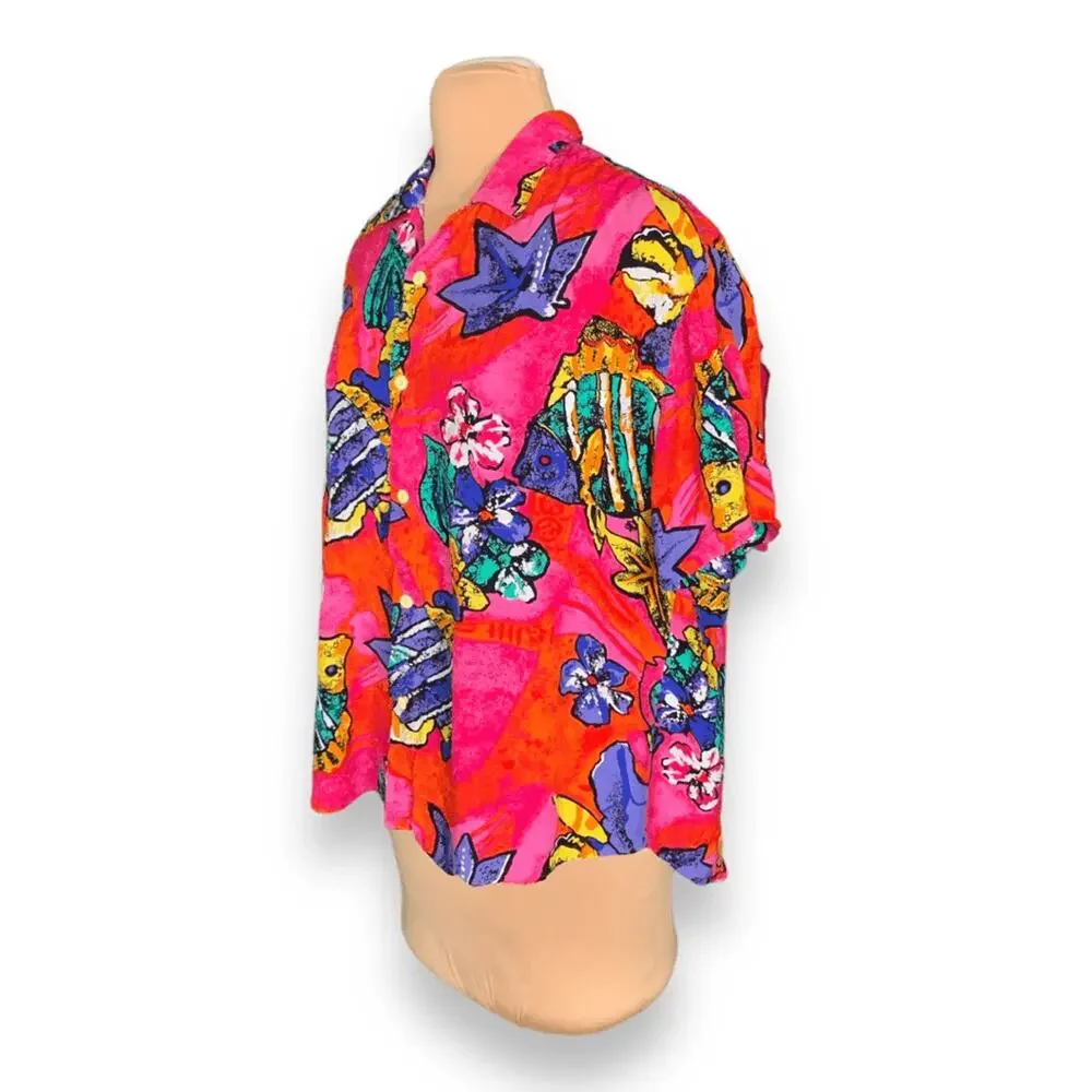 Vintage Hilo Hattie Hawaiian Fish Print Rayon Shirt‎ Pink Tropical XL Unisex